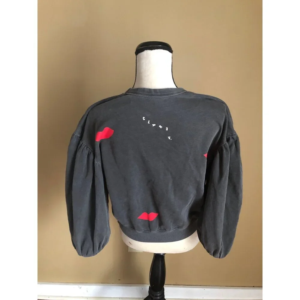 Clare V poppy red washed black puff sleeve lips sweatshirt - Picture 4 of 6